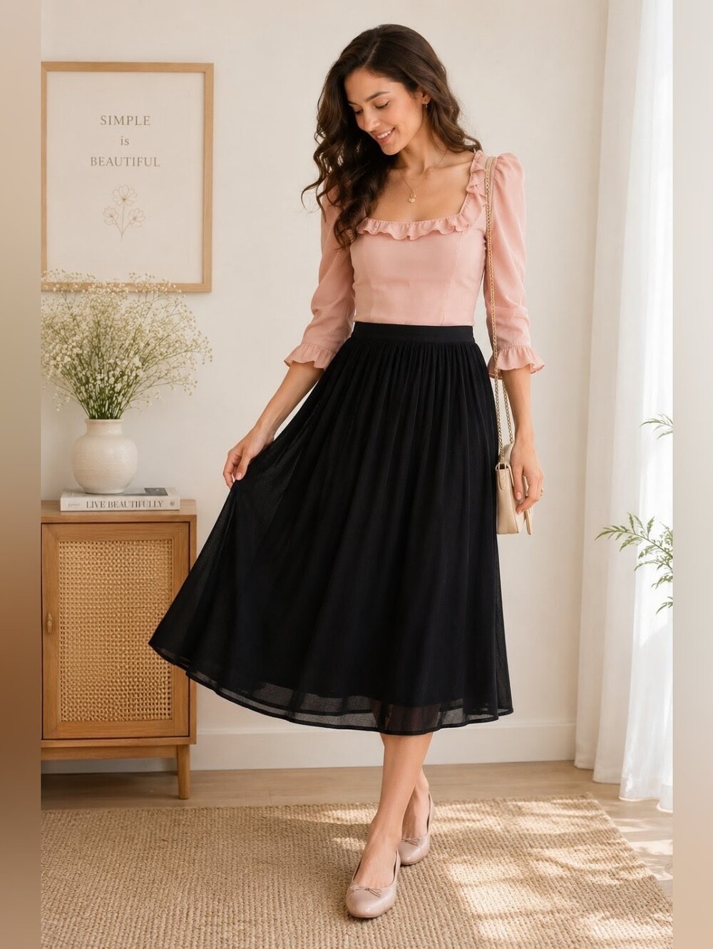 Reformation Black Midi Skirt with Soft Drape